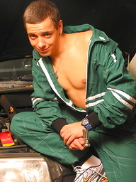 Horny mechanic is getting naked