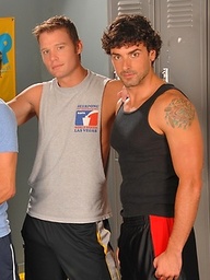 Three muscle guys fucking in a locker room